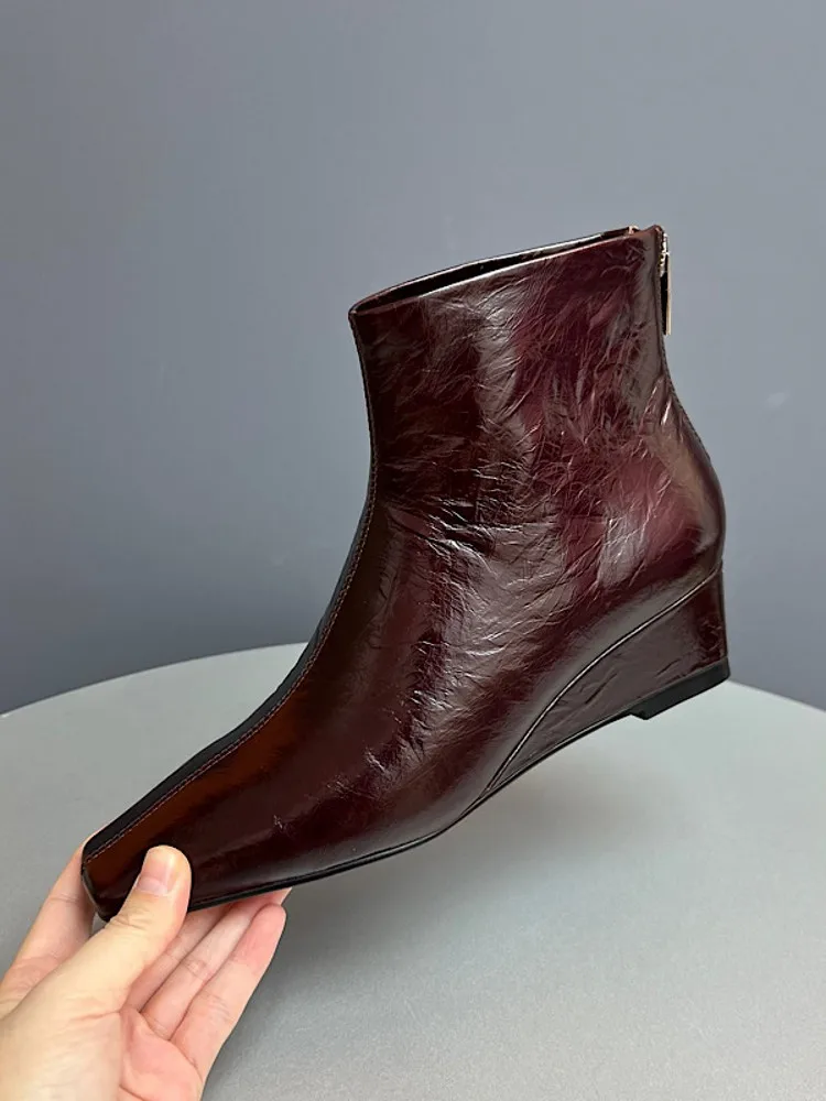 Women Autumn Wedges Cowhide Genuine Leather Ankle Boots Elegant Office Lady Work Modern Shoes Square Toe Vintage High Top Shoes