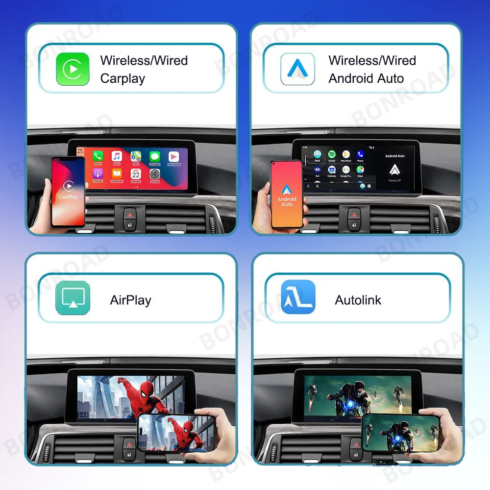 Modulo adattatore decodificatore CarPlay wireless BONROAD MMI Box Android Auto per BMW Serie 1 2 3 4 5 6 7 X1 X3 X4 X5 F20 F21 F22 F30 F31 F32 F33 E60 E70 F10 E90 F48 F25 E84 F10 NBT CIC EVO Bluetooth