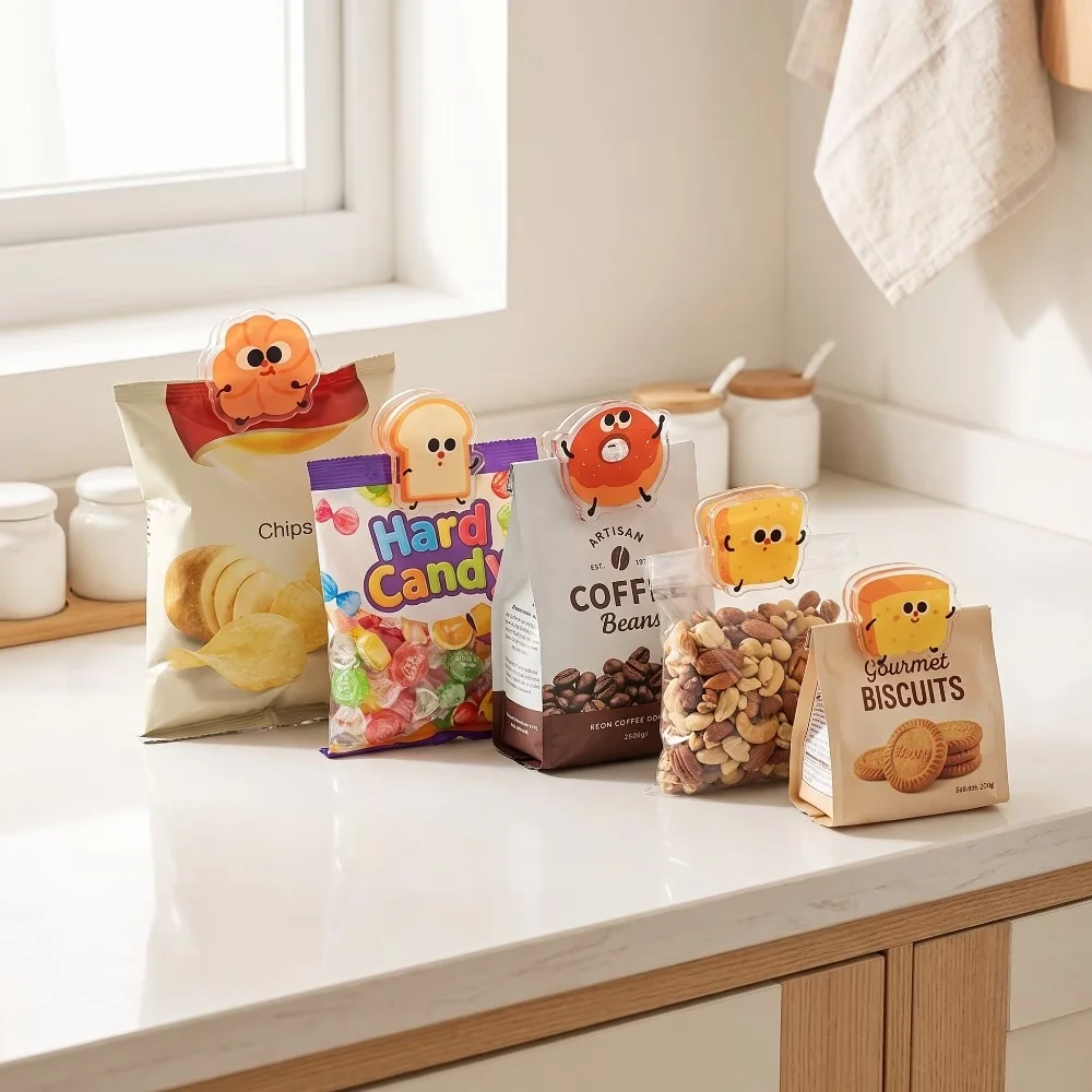 7 snack bag sealing clips, multi-functional clips, for food packaging, receipts, sticky notes, documents, and photo sorting