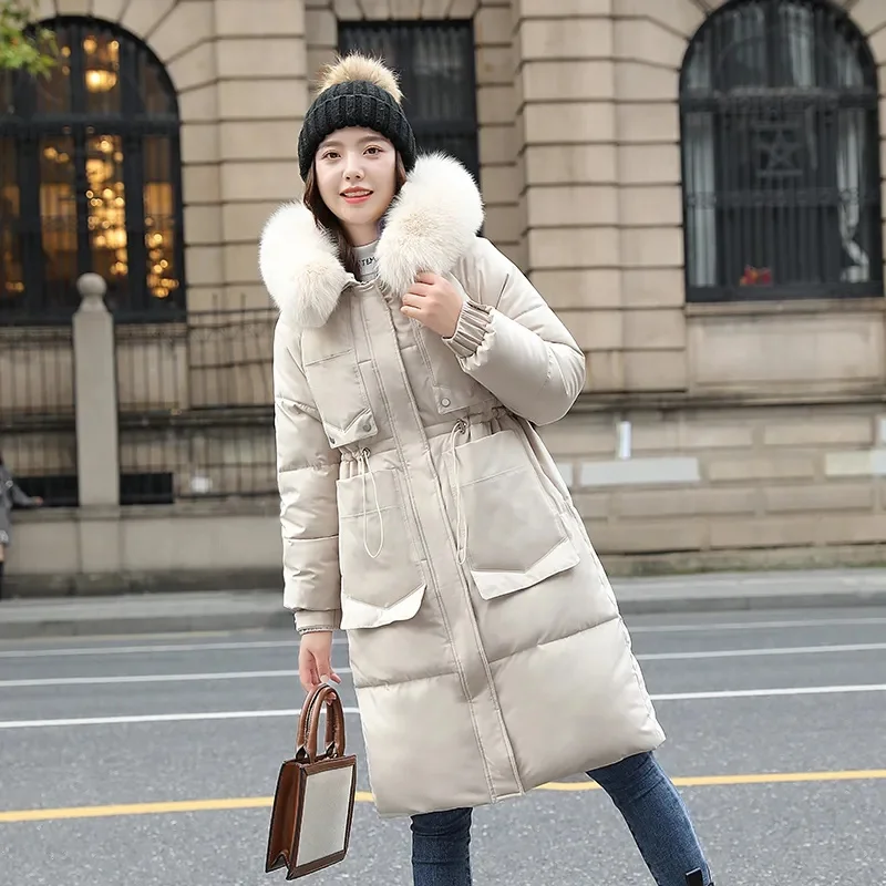 2023 neue Winter jacke Frauen Parkas langen Mantel Pelz kragen Kapuze weibliche lose lässige Baumwolle gepolsterte warme Puffer Parka Outwear