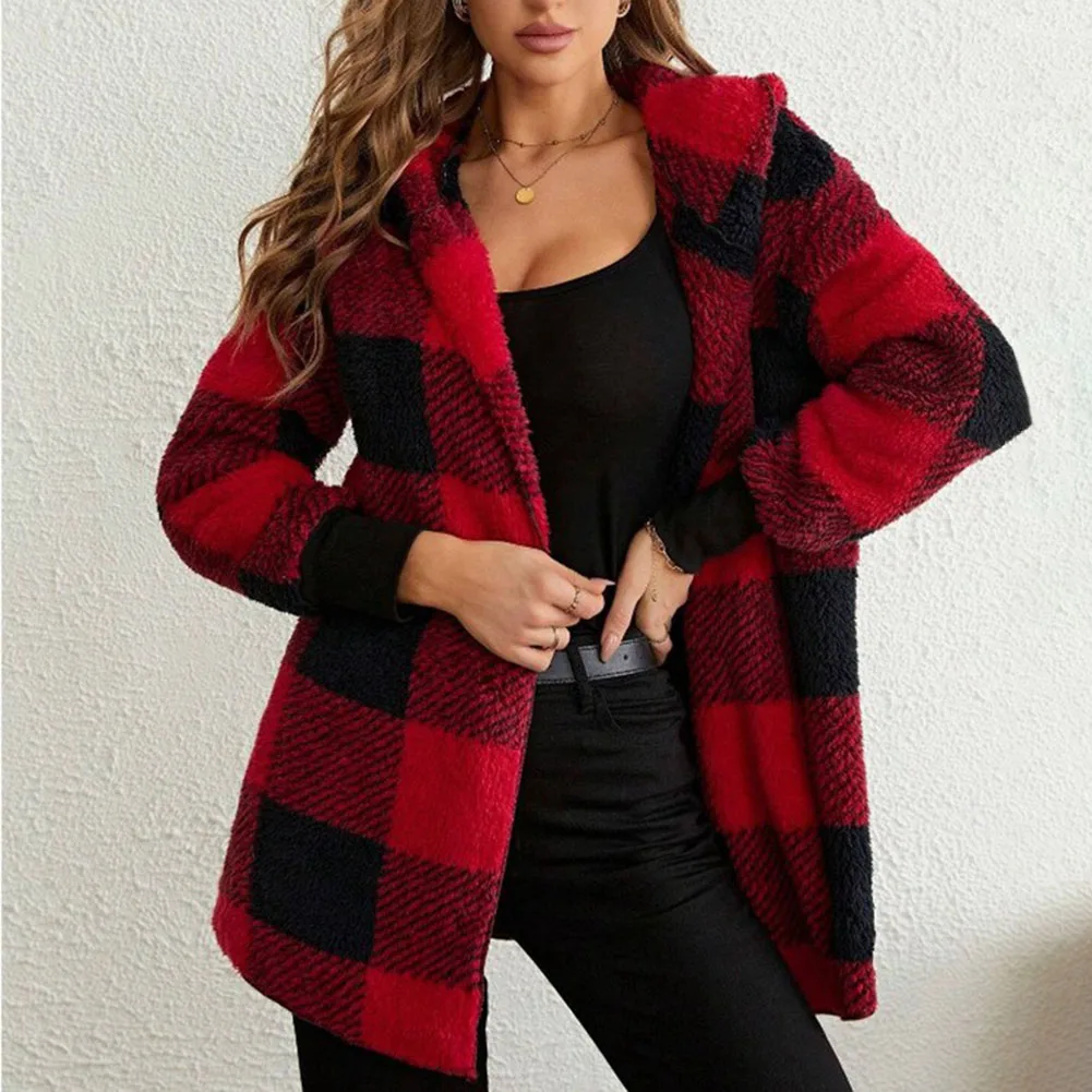 

Теплый плюшевый кардиган с капюшоном и длинными рукавами для женщин, флисовая куртка с клетчатым узором, верхняя одежда, подходит для осени и зимы