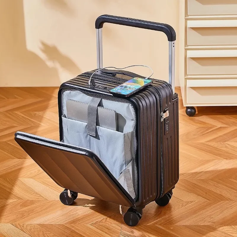 Trolley aperto anteriore con rotelle valigia da viaggio valigia da viaggio da 18 pollici Password multifunzionale per bagagliaio piccolo con portabicchieri