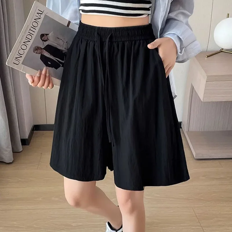 

Xpqbb Свободные шорты с высокой талией, женские летние новые повседневные универсальные шорты до колена, женские корейские крутые однотонные шорты