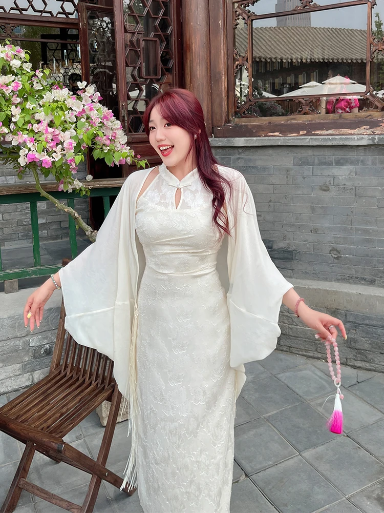 

White Embroidered Large Size Women's Retro Chinese Sle Qipao Dr Proposal Dr National Trend High Waist Long Skirt