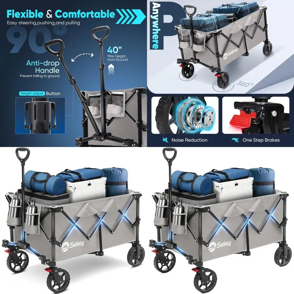 

Прочная складная тележка с грузоподъемностью 330 фунтов, колесами для любой местности и держателями для напитков, серая