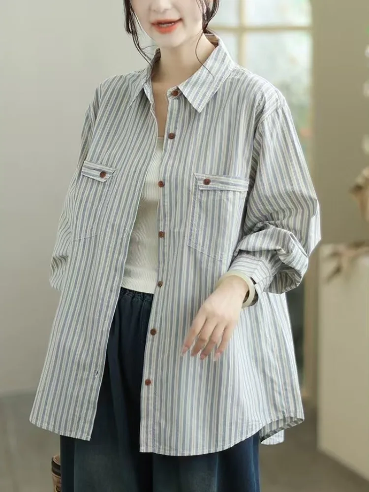 Lässiger, lockerer, gestreifter Baumwoll-Cardigan für Damen – Herbst-Oberteil mit schlankmachendem Effekt und offenem Schnitt