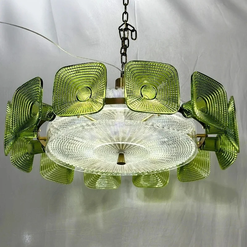 

Vintage Glass Petal Chandelier For Living Room Dining Room French Green Glass Hanging Pendant Chandelier Lights Bedroom