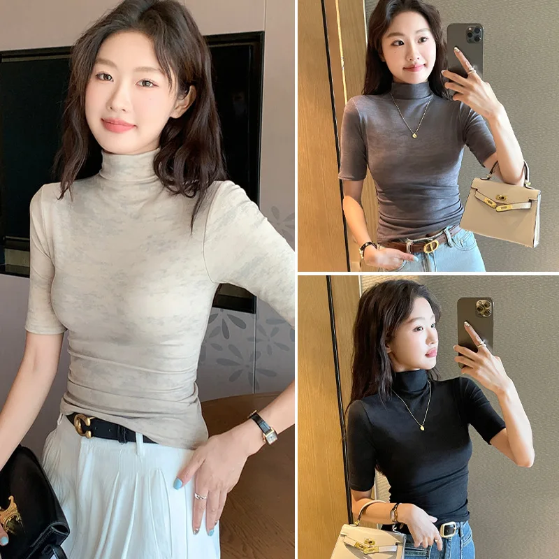 Spring and Summer 2026 New Women's Half-Sleeve T-Shirt Knitted High Neck Women's Top with Base Shirt with Half Sleeve Trend Y2K