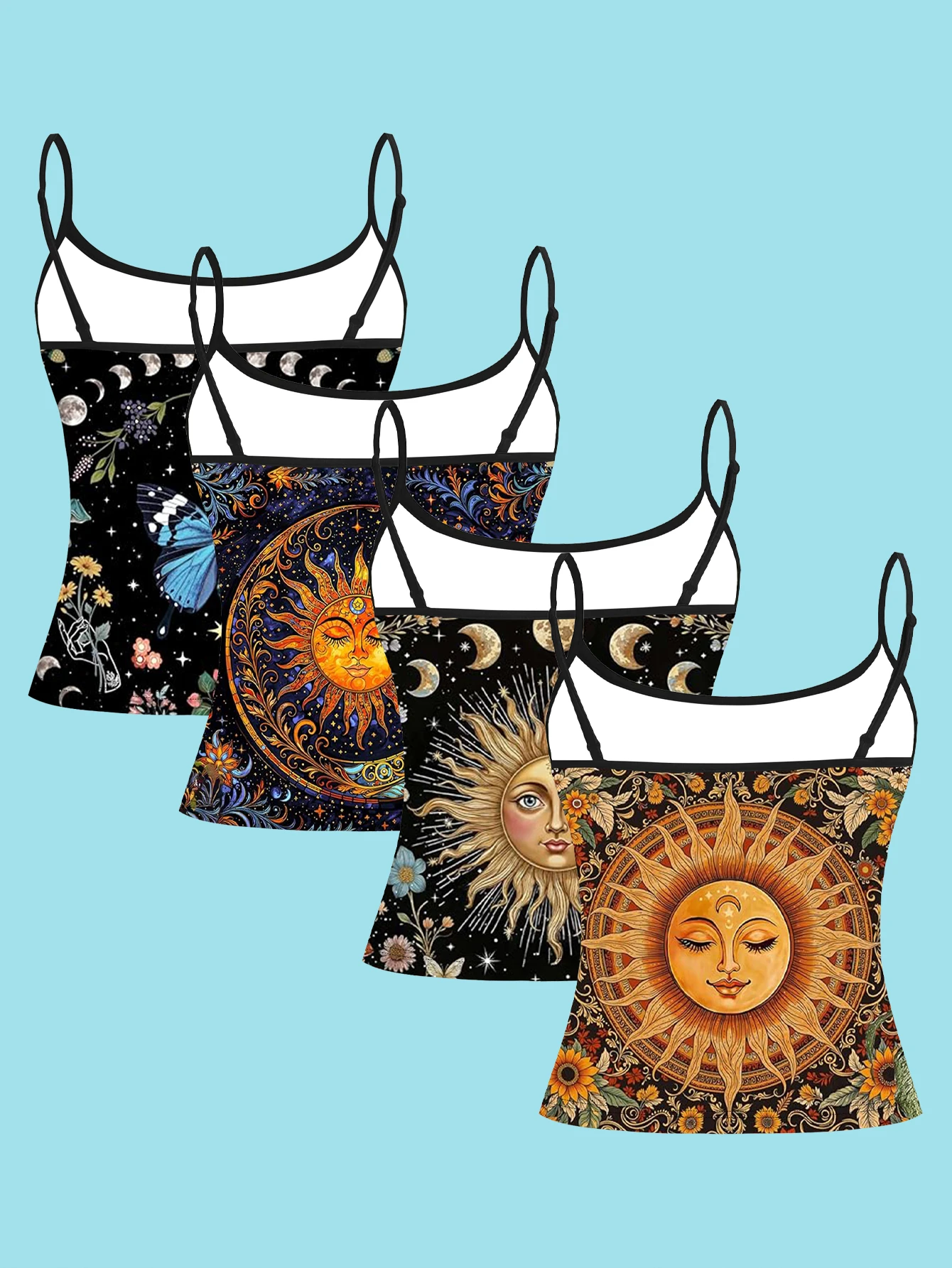 4-Piece Set of Women's Spaghetti Strap Camisoles, Vintage Sun and Moon Phase Butterfly Floral Print Slim Fit Sleeveless Tops, Hippie Style Outerwear and Inner Layering Shirts