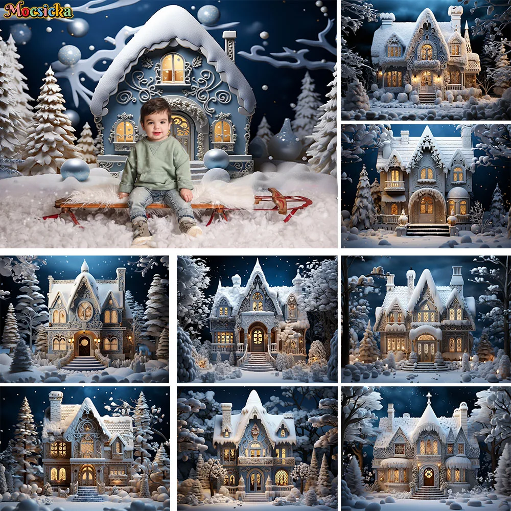 

Winter Christmas Night Background Blue Fairy Tale House Snowy Decor Backdrop for Studio Photography Children Photoshoot Props