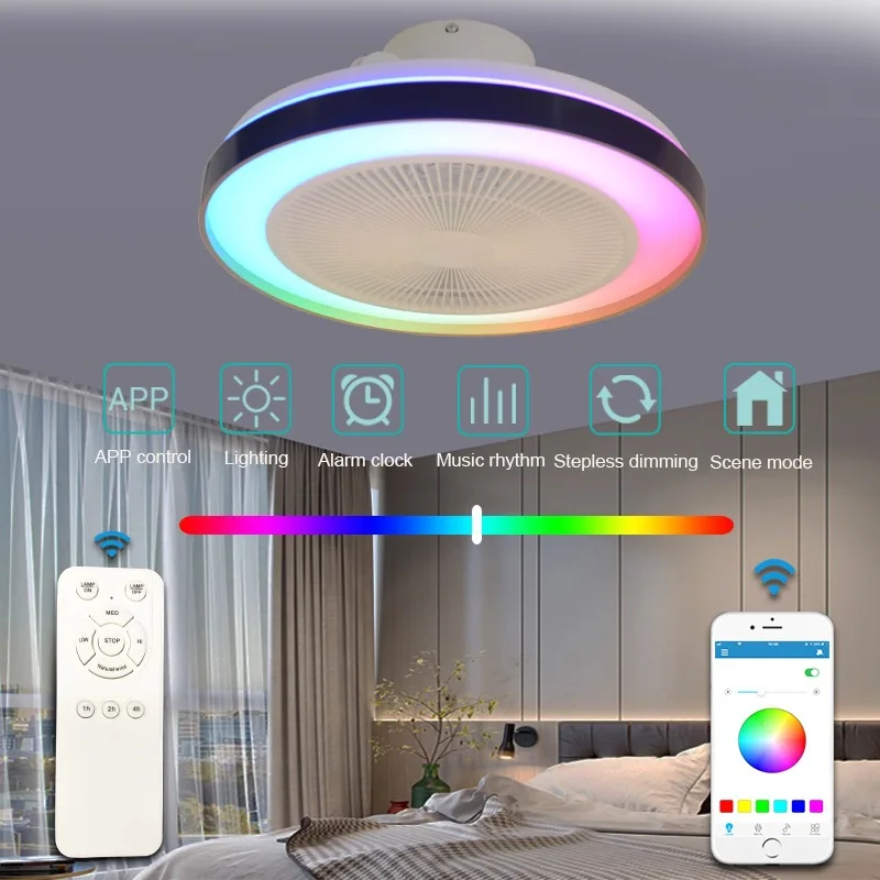 20 Inch Air Ventilation Mini LED Ceiling Fan Lamp APP and Remote Control Ultra-thin Size for Low Building