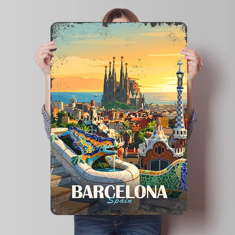 Barcelona Spain Travel Tinplate Poster Customized Wall Art Vintage Retro Metal Signs for Home Decor Gaming Room Decoration Cozy