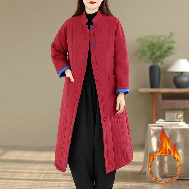 Sle chinês cor pura algodão jaet sobre o joelho casaco feminino de comprimento médio budista zen espírito faionable senhoras blusão