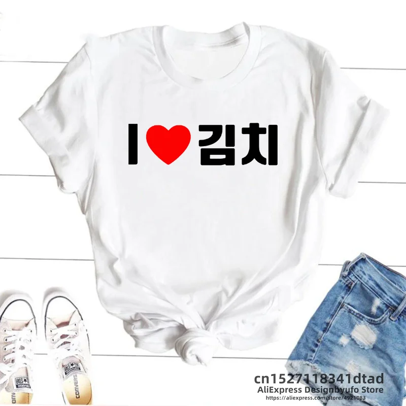 Korean Food T Shirt Women I Love Kimchi Hangul Woman Tshirt Funny Print Short Sleeve Tee Shirt Streetwear Kawaii Clothes