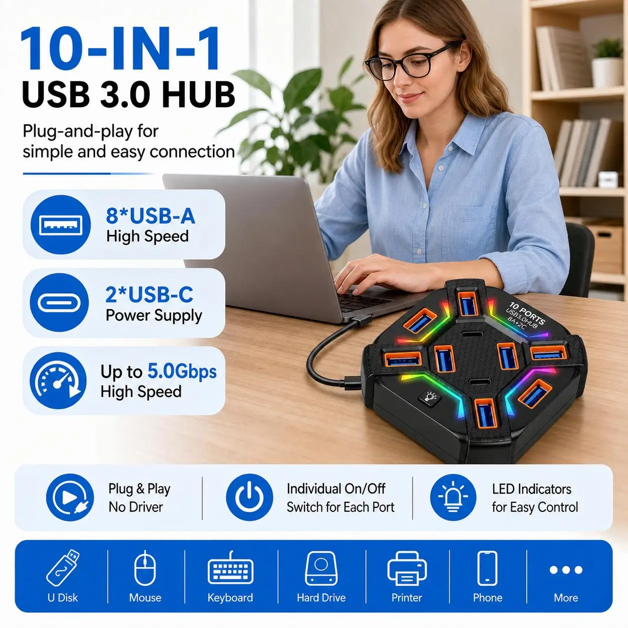 8/10 in1 USB 3.0 hub 3.9 feet long cable LED indicator light USB extender Suitable for laptops, PCs, cars, USB drives, etc.