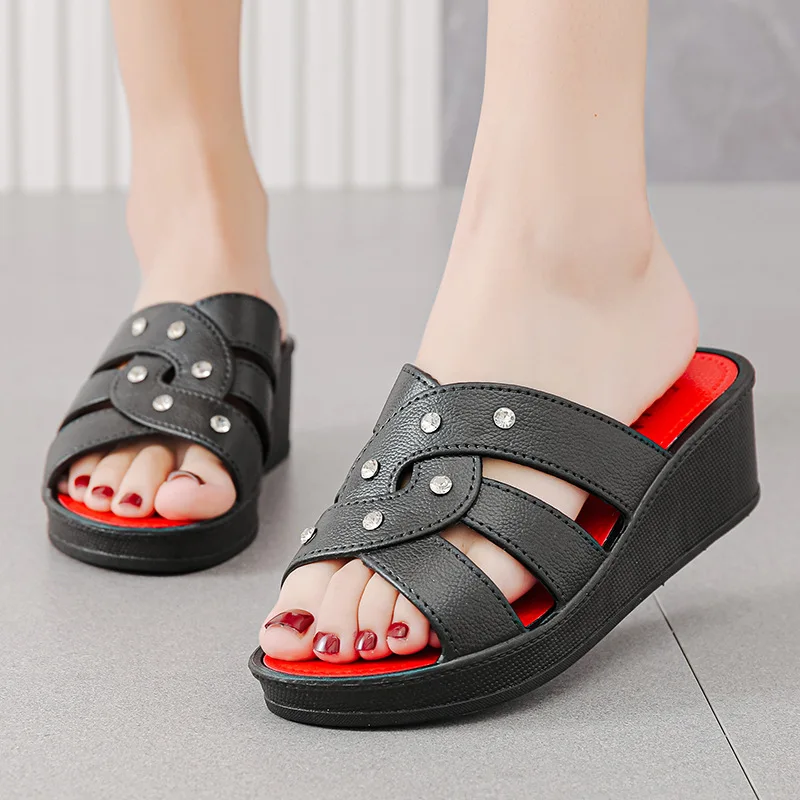 Summer Women‘s Slippers Sandals 2024 High Heel 5cm Fashion Platform PVC Slides Ladies Shoes Non-slip Casual Homewear Slides Shoe