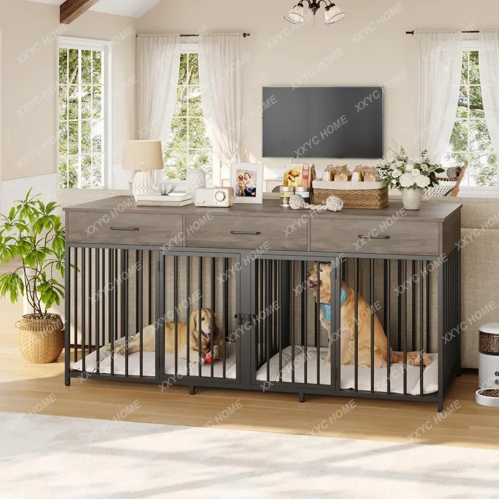 

TTDouble Dog Crates Мебель, домашняя будка для собак шириной 71 дюйм с 3 ящиками, клетка для собак в фермерском доме для 2 больших/средних собак, тяжелая