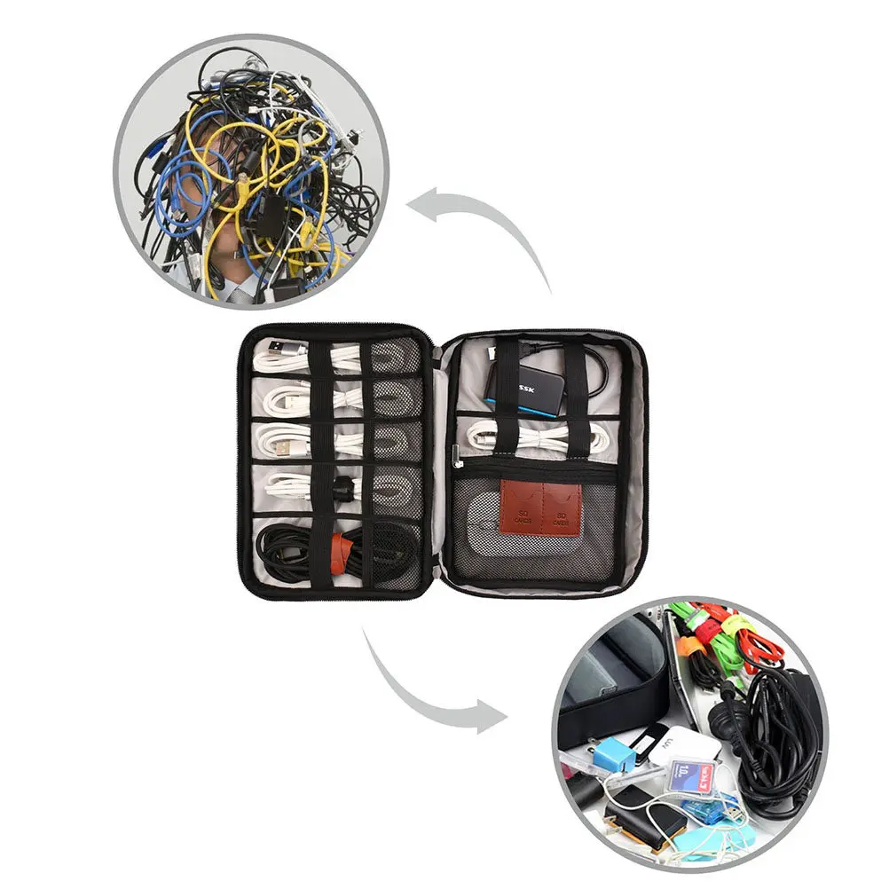 Portable Black USB Multifunction Electronics Accessories Storage Bag Travel Organizer Waterproof Padded Case Digital Cable