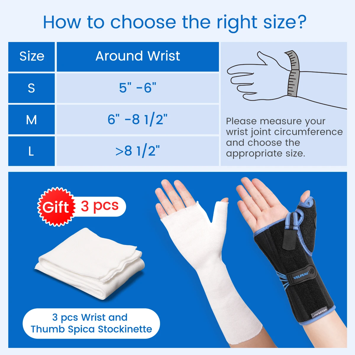 Attelle de poignet VELPEAU avec attelle de pouce pour la syndrome du canal carpien, la fracture, l'entorse et la ténosynovite, support de poignet à cordon
