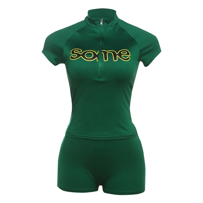 2026 New Summer Letter Printed Shoulder Half Zipper Top Shorts American Sports Street Trend Simple Green Leisure Spicy Girl Set - view 3