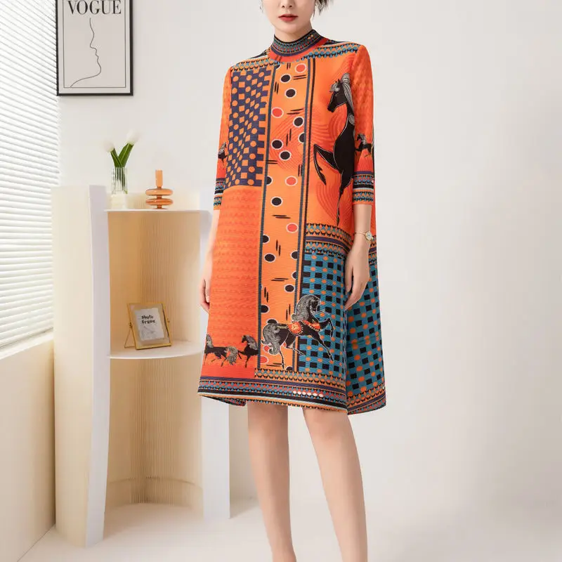 Folded Dress Spring and Autumn New Fashionable Ethnic Style Printed Half High Neck Loose Slim Mid length Dress