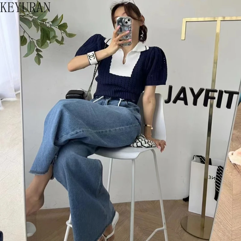 2024 New Summer Korean Chic Short Sleeve Hollow Out Sweater Pullover Fashion Casual Contrast Color Laple Knitted Tops Y2K Jumper