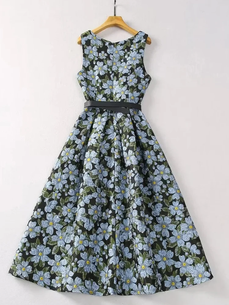 AELESEEN Vintage Midi Summer Dress Women's Sleeveless Blue Flower Print Jacquard Belt Brooch Square Collar Casual Beach