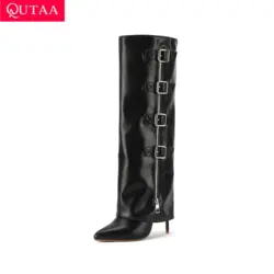 QUTAA 2025 Fashion Women Motorcycle Knee High Boots High Heels Woman Party Shoes Western Cowboy Boots Long Shoe Size 34-43