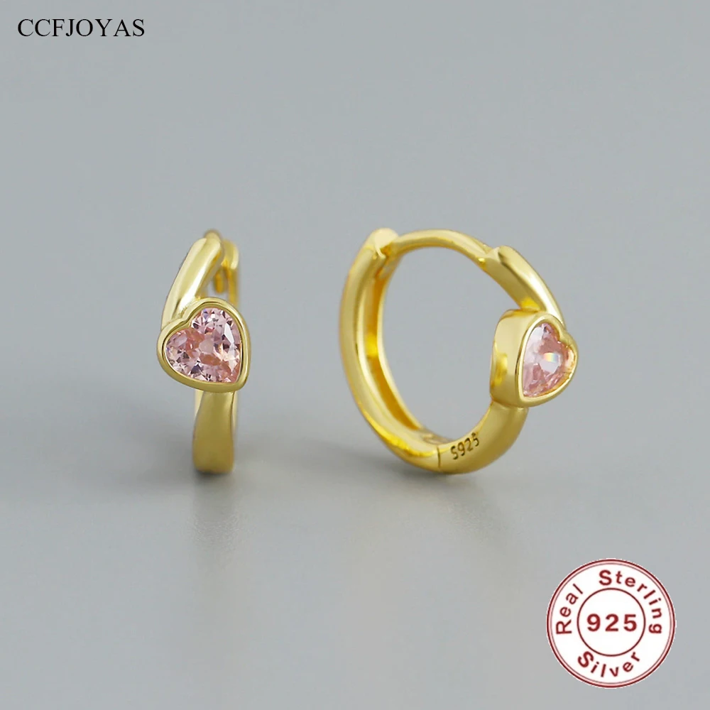 

CCFJOYAS 10mm 925 Sterling Silver Pink Heart Zircon Hoop Earrings Women Simple INS Gold Silver color Earrings Fine Jewelry