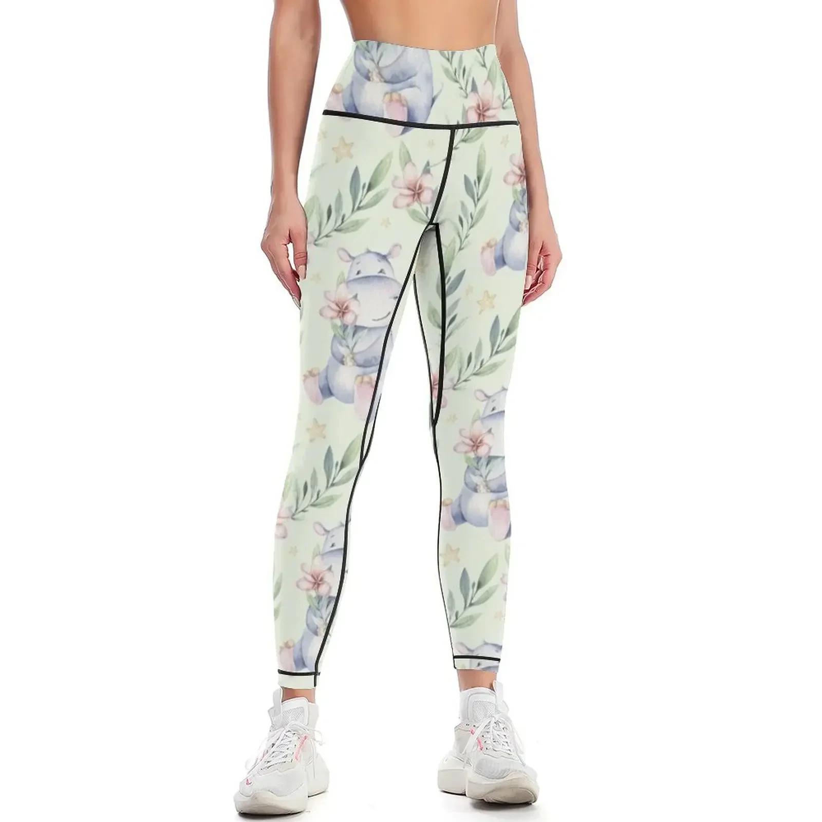 

Hand drawn cute tropical summer watercolor hippo Leggings sport legging gym top Leginsy push up Womens Leggings