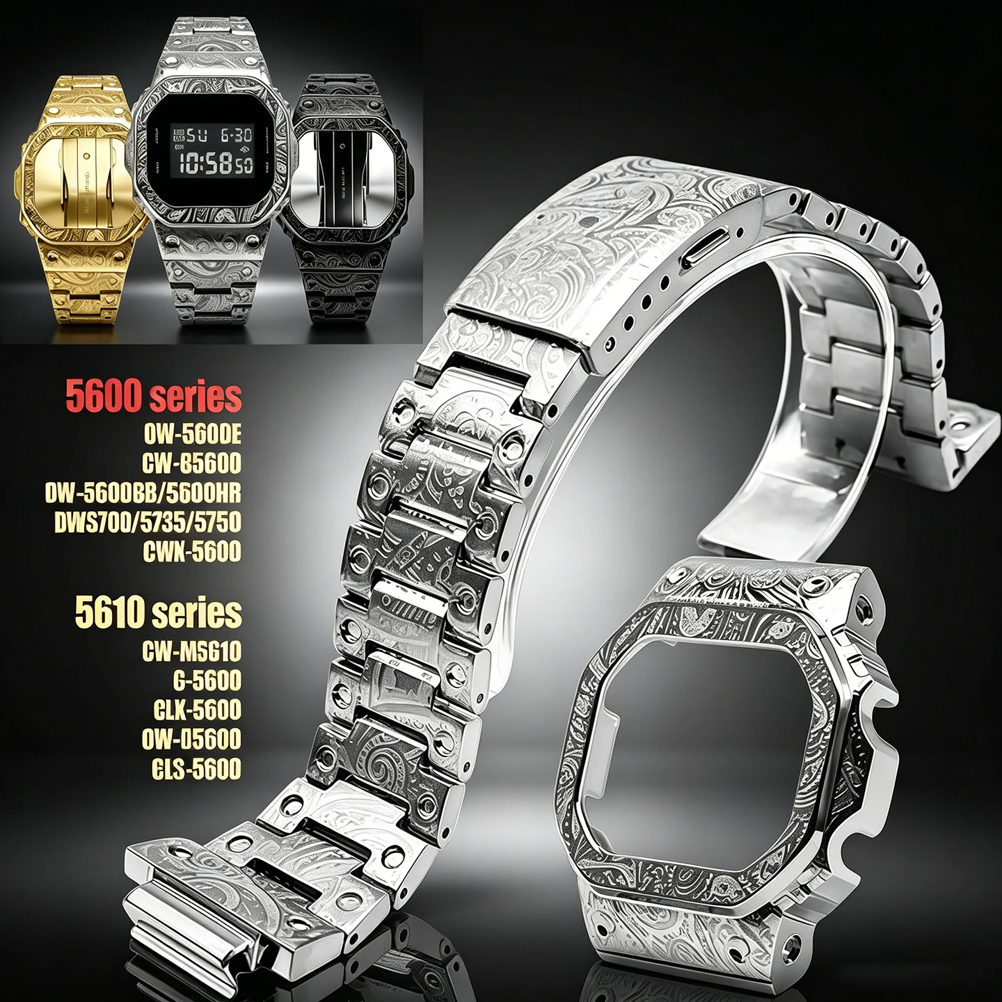 Stainless Steel Bezel&Strap For Casio DW-5600 5610 GW-B5600 GW5000,Replacement Vintage Paisley Metal Band watchcase Modified Kit