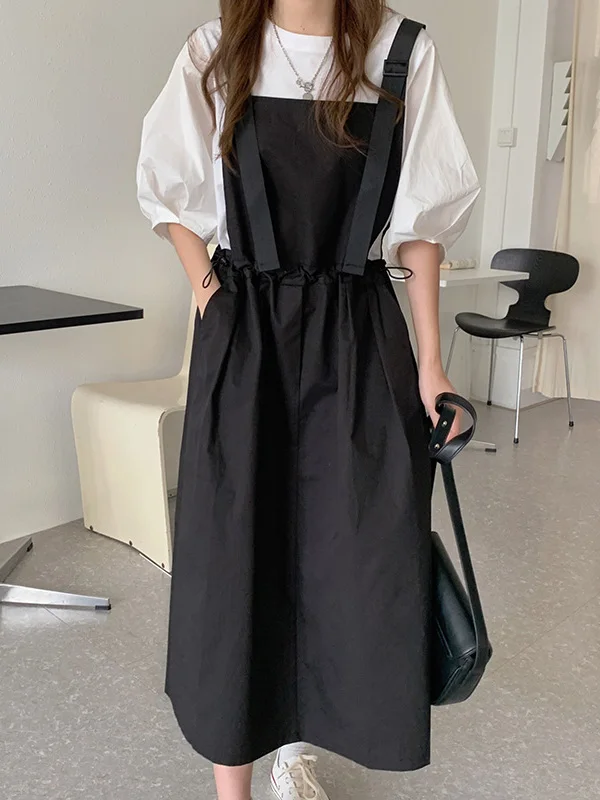 Korean Style Summer Simple Pure Color Bubble Sleeve T-shirt Women's Anti-Aging Workwear Overalls Skirt Set Fashionable Ensemble
