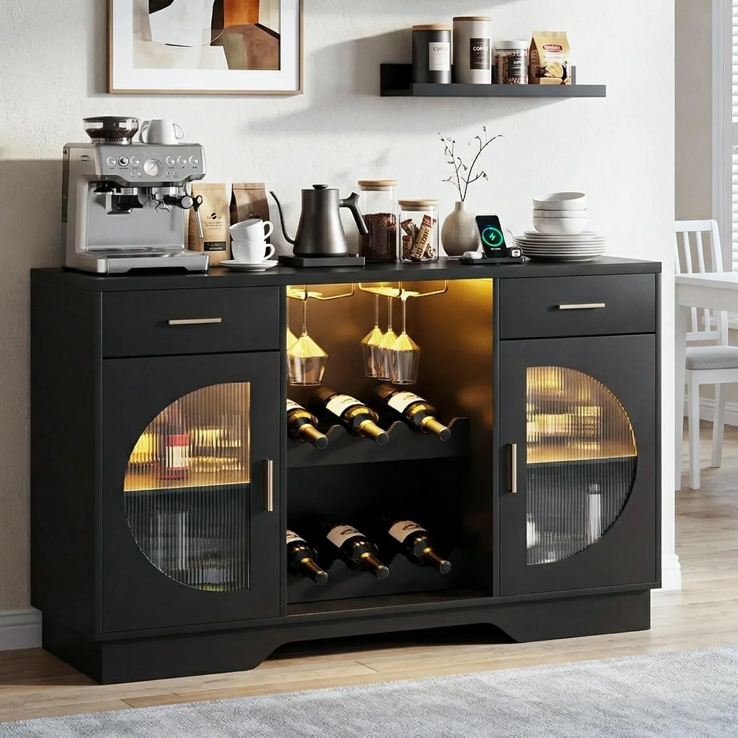 Coffee Bar Cabinet with Fridge Space Wine Bar LED Lights Power Outlet Glass Doors Freestanding Liquor Cabinet Black image 12