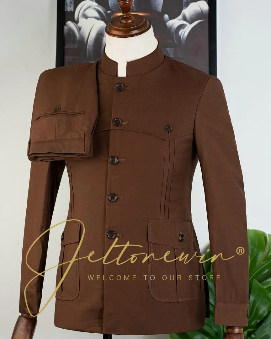 

Men's Brown Two Piece Suit with Stand Collar and Five Button Front Slim Fit Formal Wear for Wedding Groomsmen Party