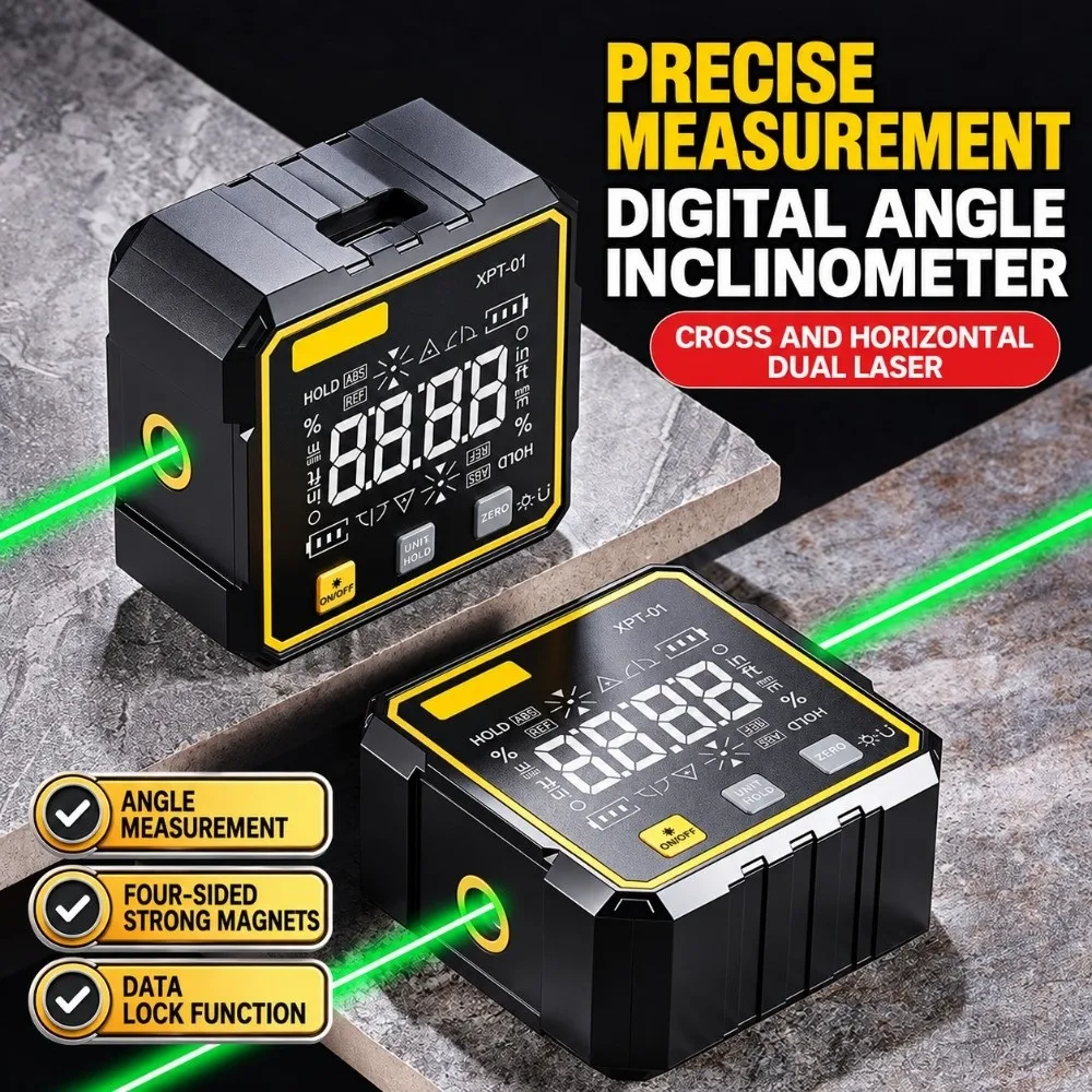 Dual Laser Cross Line Digital Inclinometer Digital Display Four Side Magnetic Laser Inclinometer Energy Save Data Lock
