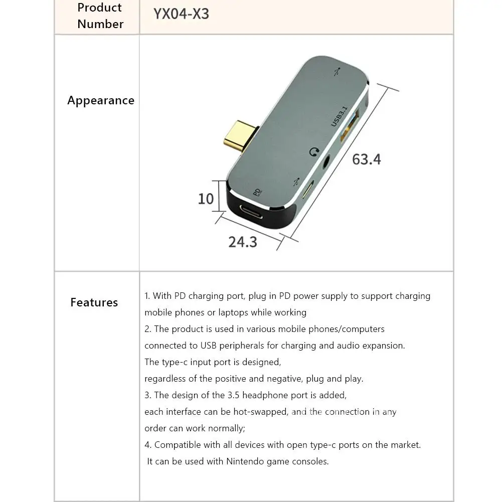 

Multi-function 6 in 1 Type-C Hub 3.55mm Jack PD100W USB3.0/USB2.0/USB3.1 HDMI-Compatible USB Extender