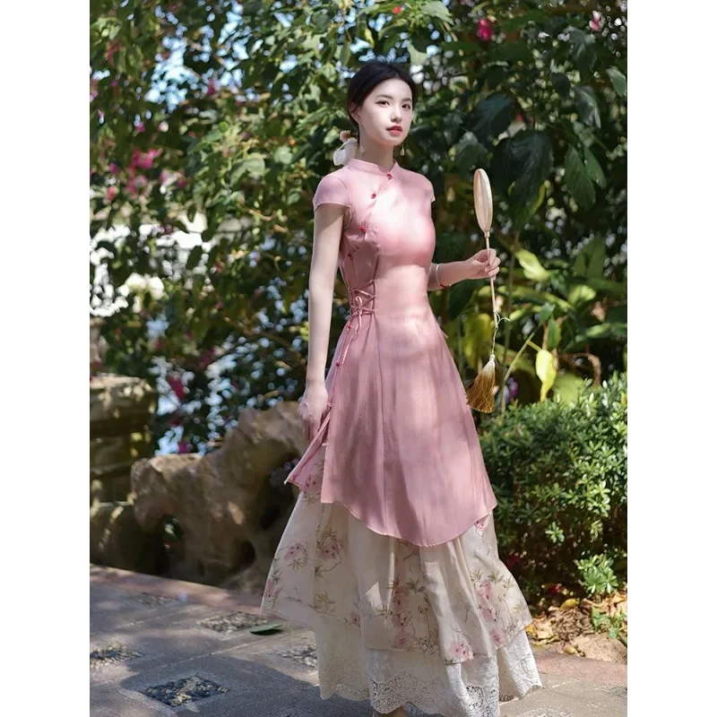 Chinese Traditional Women Qipao Dress Pink Standing Neck Short Sleeve Cheongsam Dress Beige Printed Skirt Girl Evening Dress