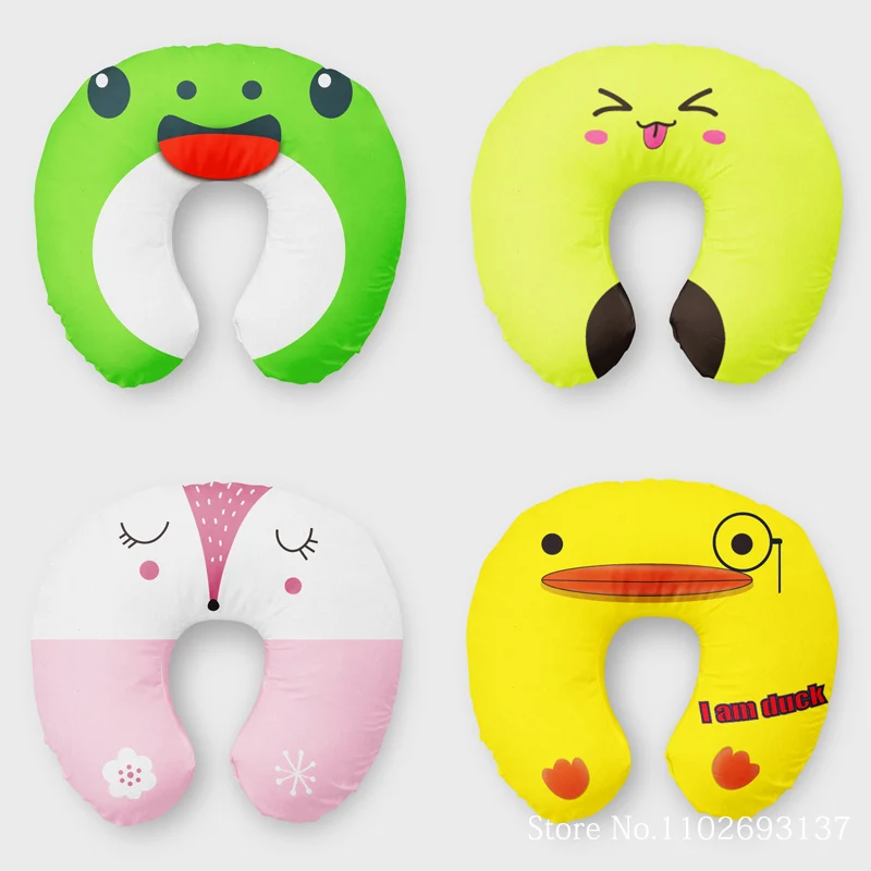 INS Style U Shaped Pillow Animals Cute Duck Frogs Colorful Cushion Inflatable Neck Pillow Soft Fabric Travel Accessories