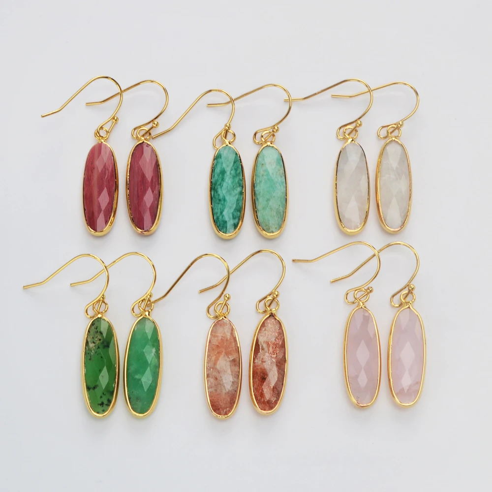 BOROSA Unique Long Teardrop Golden Plated Amazonite Faceted Dangle Earrings Natural Green Stone Drop Earring Jewelry Accessories