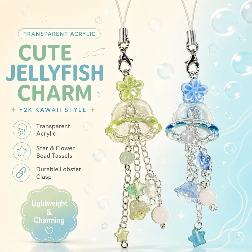 Transparent Phone Charm Tassel Lobster Clasp Jellyfish Pendant Y2K Style Star Flower Bead Phone Charm Pendant Handbag Accessory