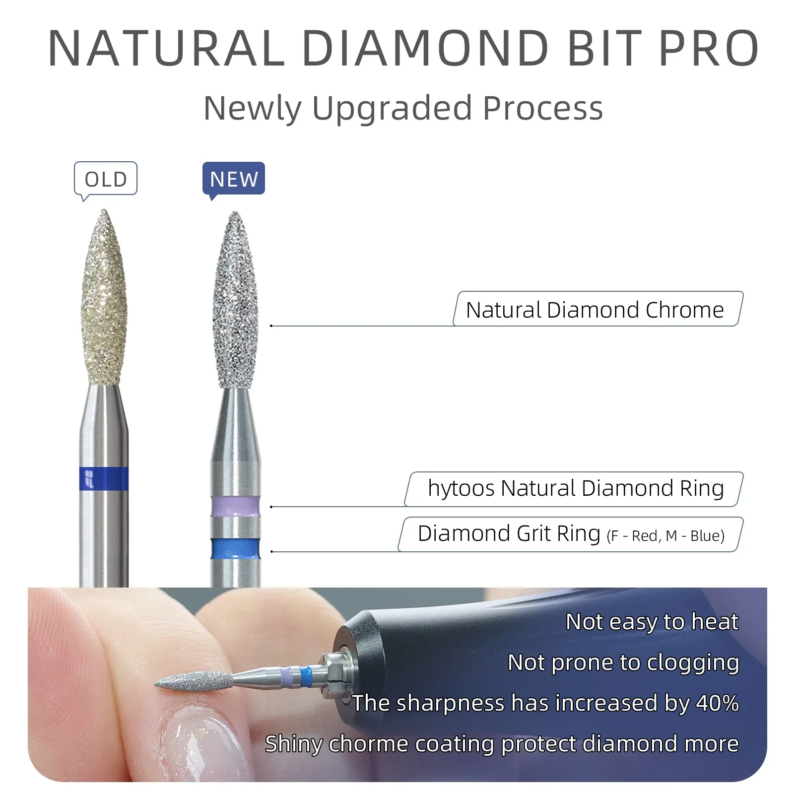 HYTOOS Flame Natural Diamond Nail Drill Bits 2.1*8mm Stainless Steel Cuticle E File Bits for Nail Prep Sidewalls Manicure Tools