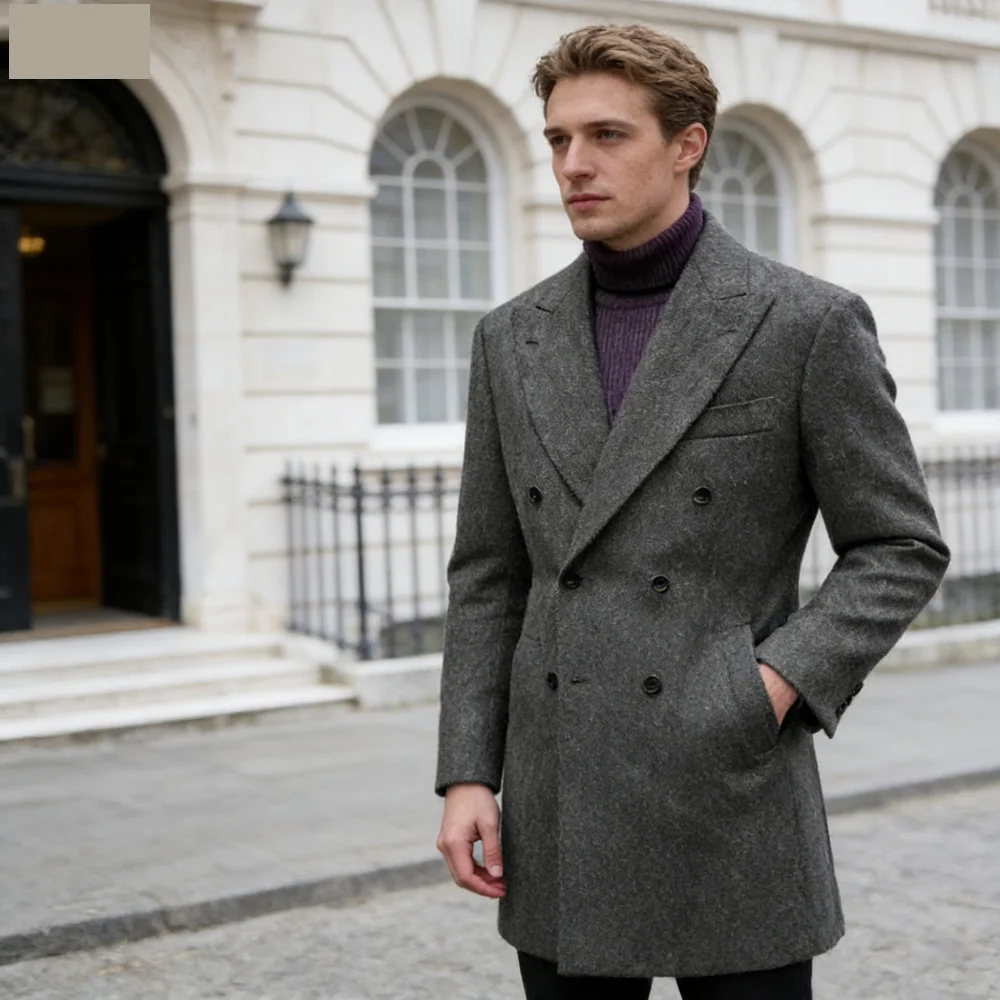 

Men's Standard Business Suit Horse Spine Jacket Double-breasted Grey Brown Wool Casual Groom's British Smoking 1 Piece