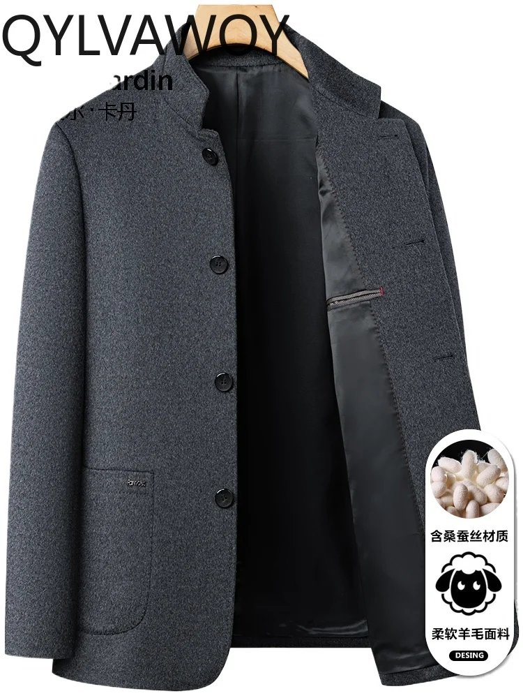 

QYLVAWOY High-End Cashmere Stand-Up Collar Men's Woolen Outerwear New Chinese-Style 2025 Autumn Winter Mulberry Silk Coat LJ2705