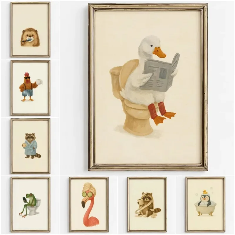 （2D Canvas painting） 1PC Frameless Cute Animal Bubble Bath Wall Art Cute Bathroom Animal poster Funny Toilet Paper Animal Pri