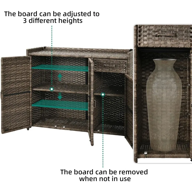 Armário de armazenamento externo, mesa de bar de vime à prova de intempéries com duas portas, prateleiras ajustáveis e gaveta dobrável e ferramentas de jardim