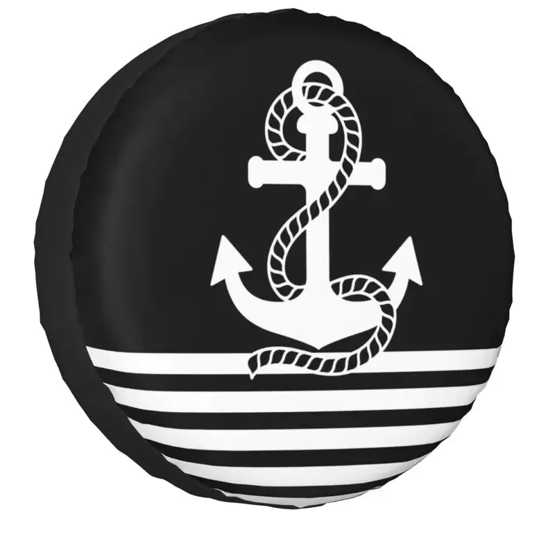 Black White Nautical Stripes Anchor Spare Tire Cover for Mitsubishi Pajero 4WD 4x4 SUV Car Wheel Protectors 14