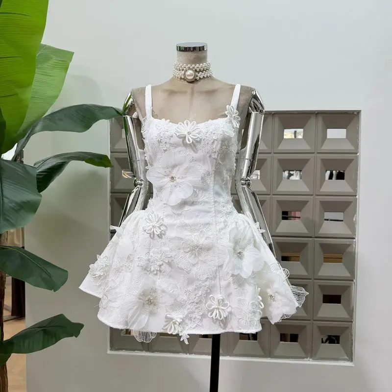 3D Flower Appliques Slim Corset Sleeveless A-line Backless Lace Mini Dresses For Women Cocktail Evening Gown Wedding Dress New