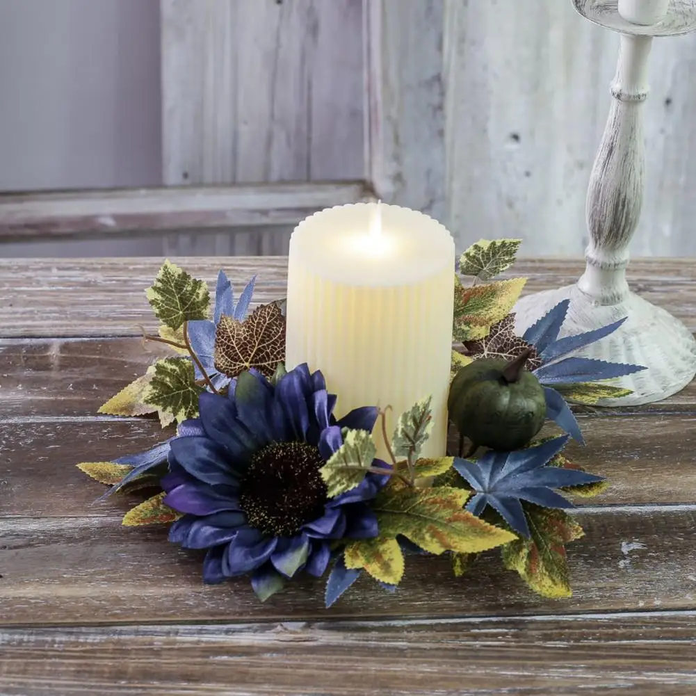 Candle Ring Decoration Autumn Table Decoration Fall Harvest Candle Ring Wreath Set with Artificial Pumpkins Sunflowers for Home