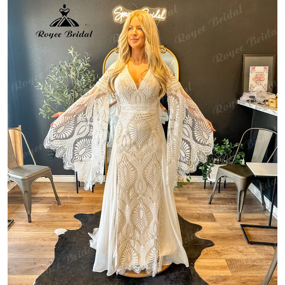 Tassel V Neck Lace Boho Bohemian Flare Sleeve Wedding Dress for Women 2025 Customzied Backless Bridal Gown vestidos boda civil