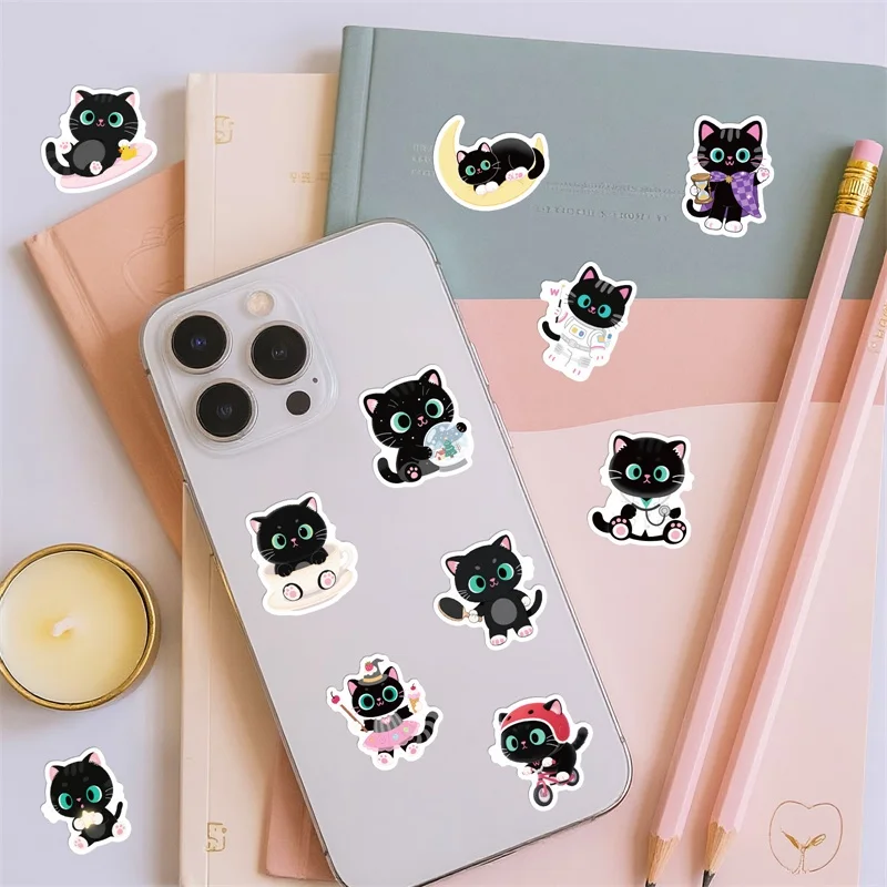 10/30/56PCS Kawaii Big Eye Black Cat PVC Sticky Sticker Aesthetic DIY Decoration Scrapbooking Hand Accounting Supplies for Kids